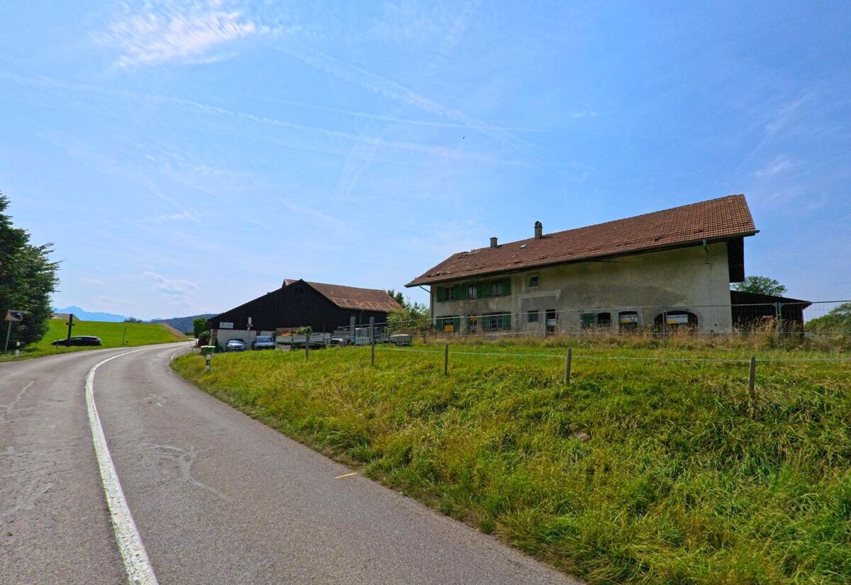 Ein Bauernhof mit Nebengebaeude und rotem Ziegeldach liegt an einer Landstrasse in Bossonnens (1615, Kanton Freiburg) umgeben von Wiesen.