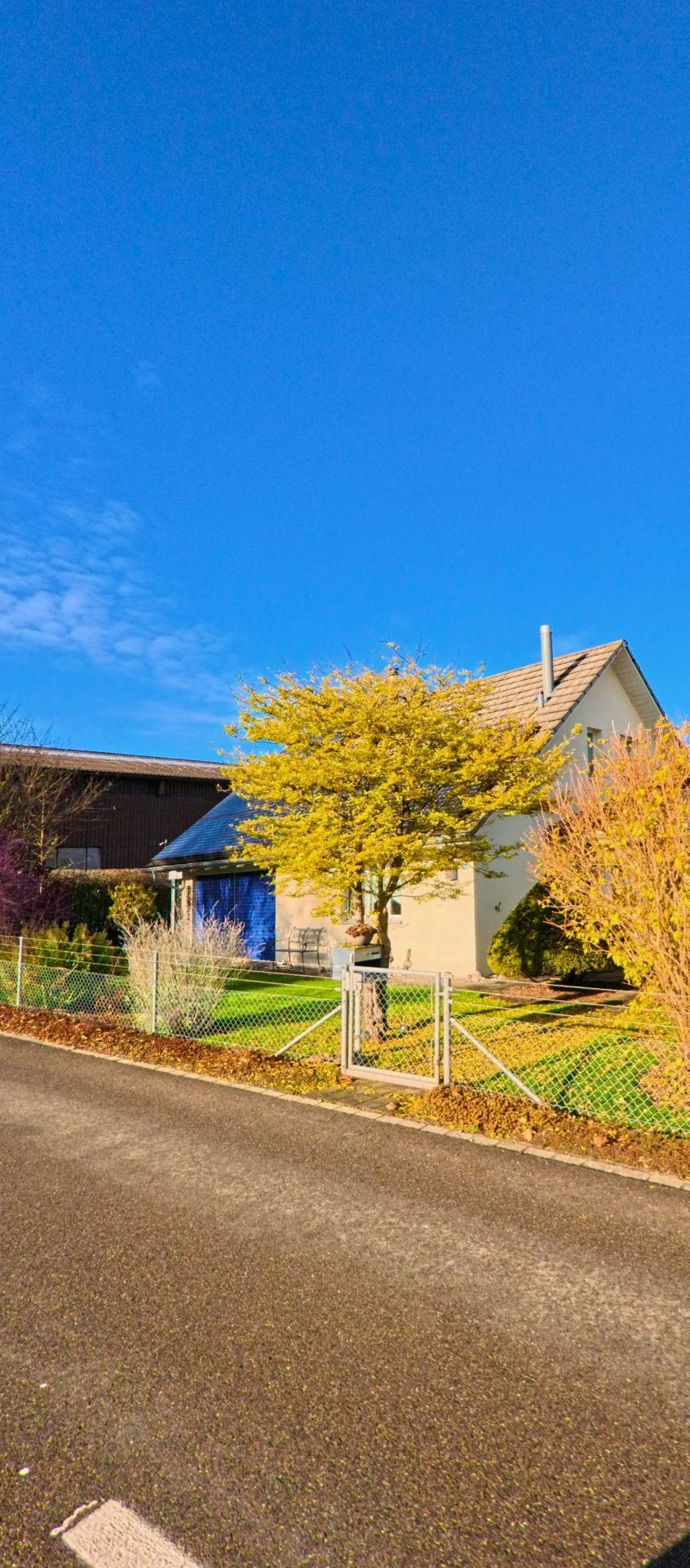Ein Einfamilienhaus mit gepflegtem Garten und herbstlich gefaerbten Baeumen liegt an einer ruhigen Strasse in Braunau (9502, Kanton Thurgau) bei klarem Himmel.
