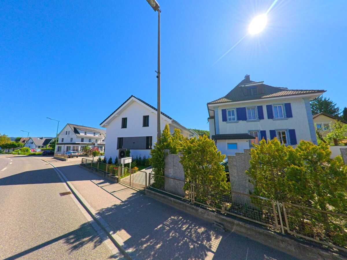 In Breitenbach (4226, Kanton Solothurn) reiht sich entlang einer leicht geschwungenen Strasse eine Folge gepflegter Einfamilienhaeuser mit unterschiedlichen Fassaden.