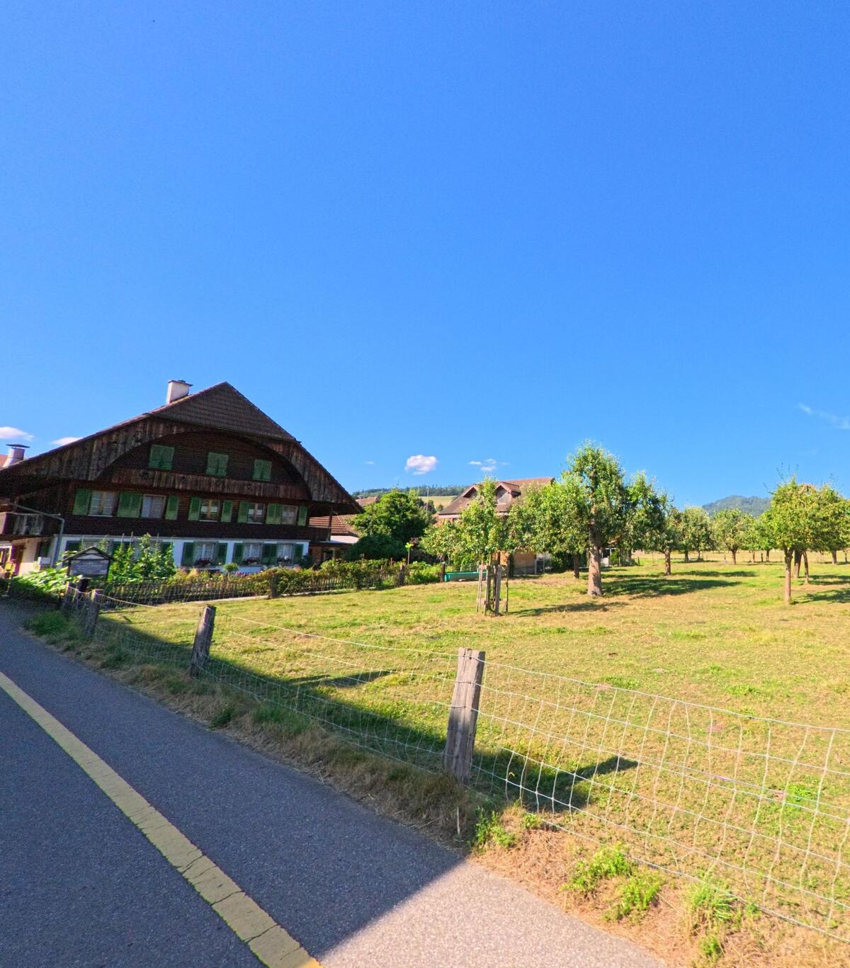 Am Rand einer Obstwiese in Brenzikofen (3671, Kanton Bern) steht ein traditionelles Bauernhaus mit grünen Fensterläden und weit ausladendem Dach.