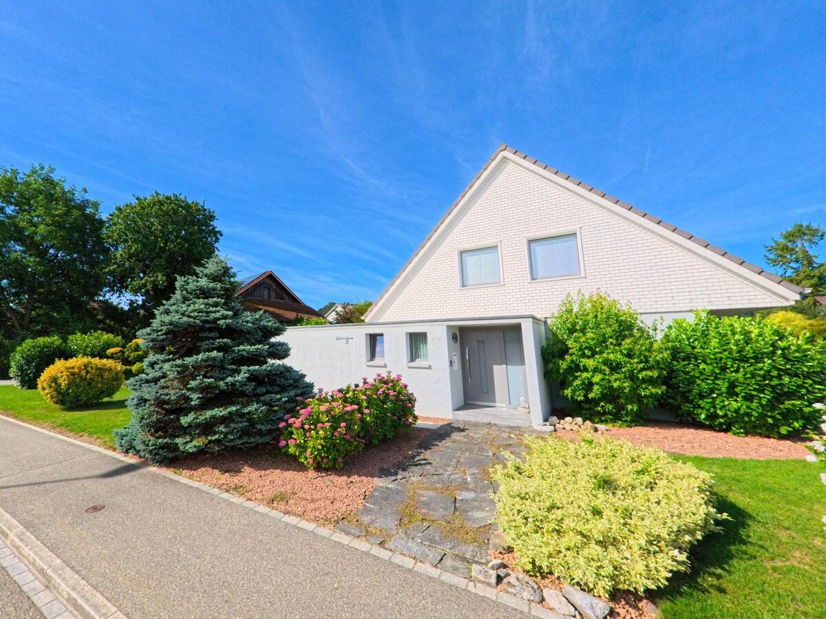 In Brittnau (4805, Kanton Aargau) steht ein modernes Einfamilienhaus mit heller Fassade in einem gepflegten Garten mit Zierstraeuchern und Steinweg.