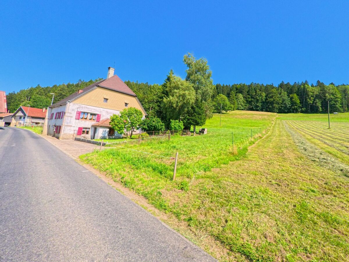 Ein traditionelles Bauernhaus mit roten Fensterlaeden liegt in Brot-Plamboz (2318, Kanton Neuenburg) am Rand frisch gemähter Wiesen vor einem bewaldeten Hang.