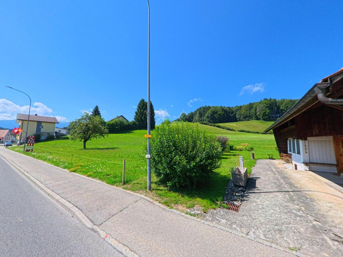 In Brünisried (1719, Kanton Freiburg) verläuft eine Strasse mit Gehweg an einem alten Bauernhaus vorbei, dahinter liegen grüne Wiesen und ein bewaldeter Hang.