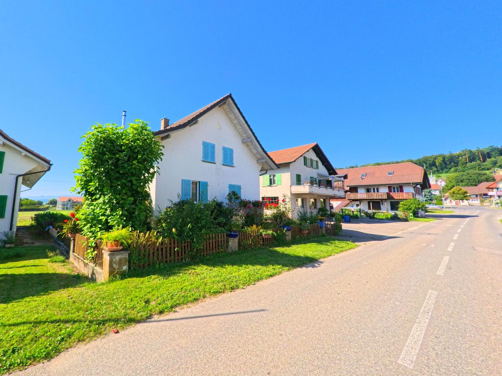 In Brüttelen (3237, Kanton Bern) säumen weiss verputzte Wohnhäuser mit gepflegten Gärten eine sanft geschwungene Dorfstrasse.