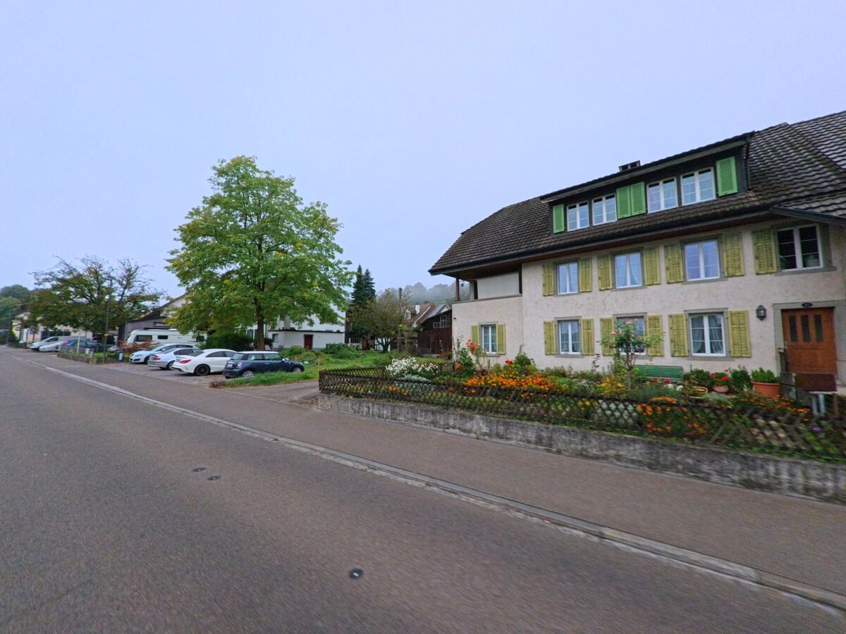 Ein Wohnhaus mit grünen Fensterläden und farbenfrohem Blumengarten liegt in Brunegg (5505, Kanton Aargau) an einer gepflegten Strasse mit Bäumen und Parkplätzen.