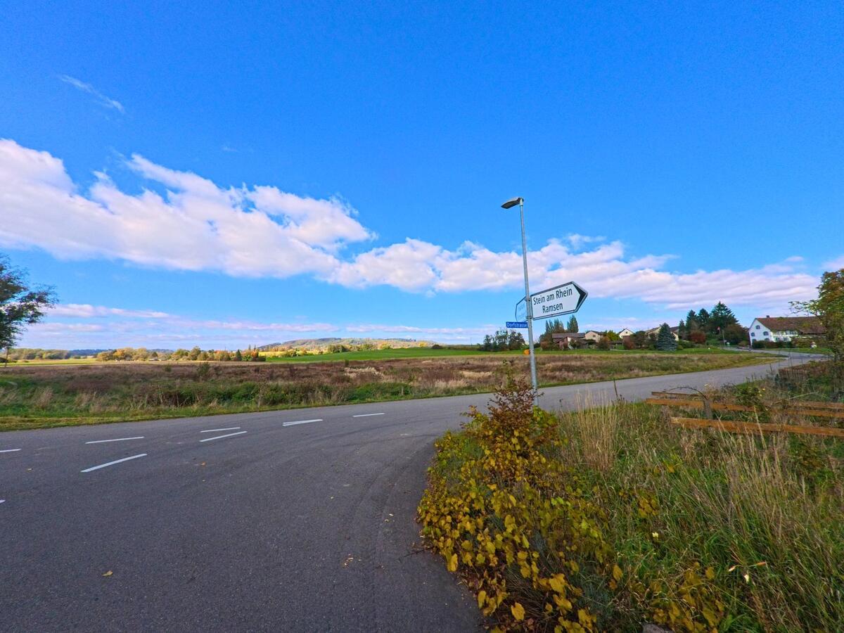 Eine weite Strassenkurve führt am Ortsrand von Buch (8263, Kanton Schaffhausen) entlang offener Flächen.