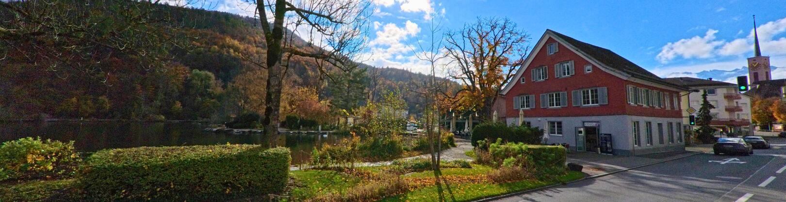 Eine herbstliche Strassenszene in Buchs (9470, Kanton St. Gallen), wo sich ein malerisches Gebäude an den See schmiegt und die Natur in warmen Farben erstrahlt.