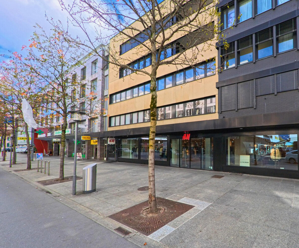 Entlang der Geschaeftsstrasse von Buchs (9470, Kanton St. Gallen) reihen sich Ladenfronten unter Baeumen.