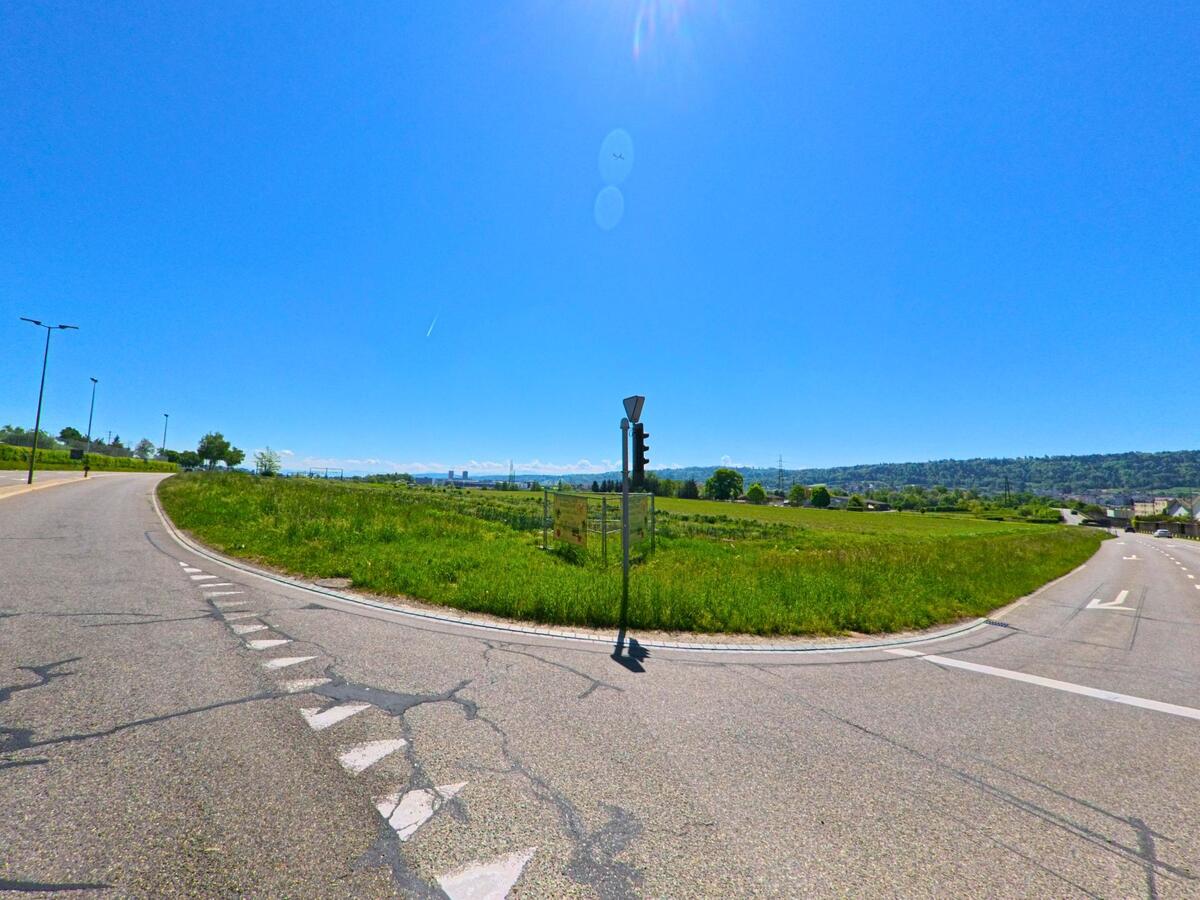  In Buchs im PLZ-Gebiet 8107 im Kanton Zürich zweigt eine Landstrasse zwischen Feldern mit weitem Blick auf das Alpenpanorama ab.