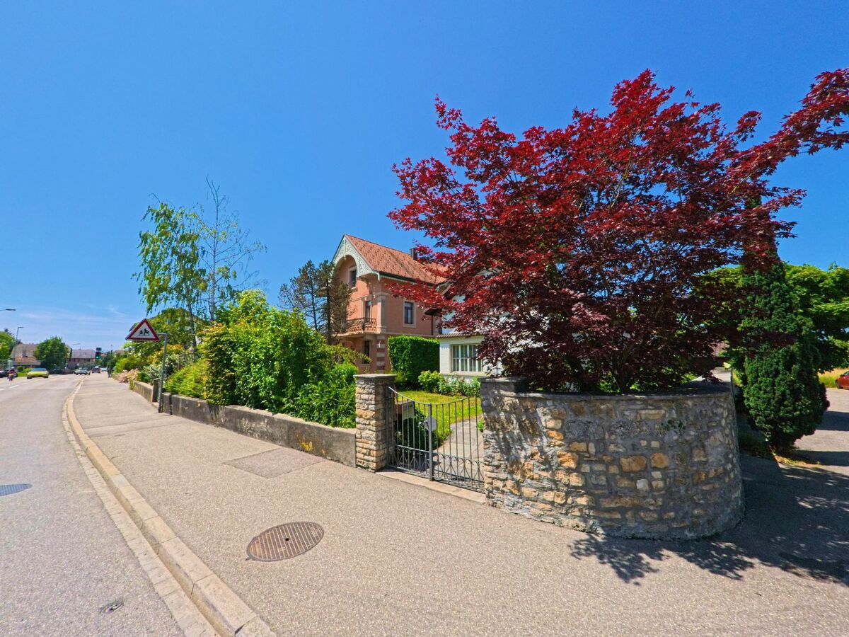 In Büren an der Aare (3294, Kanton Bern) steht eine stilvolle Villa mit rotem Ziegeldach hinter einer gepflegten Steinmauer und einem auffallenden roten Ahornbaum.