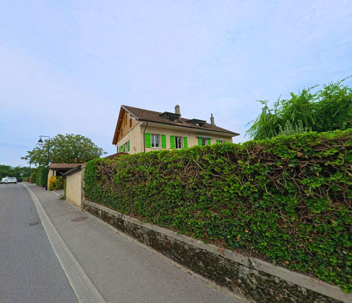 Ein traditionelles Wohnhaus mit gruenen Fensterlaeden erhebt sich hinter einer hohen Gartenhecke in Bursinel (1195, Kanton Waadt).