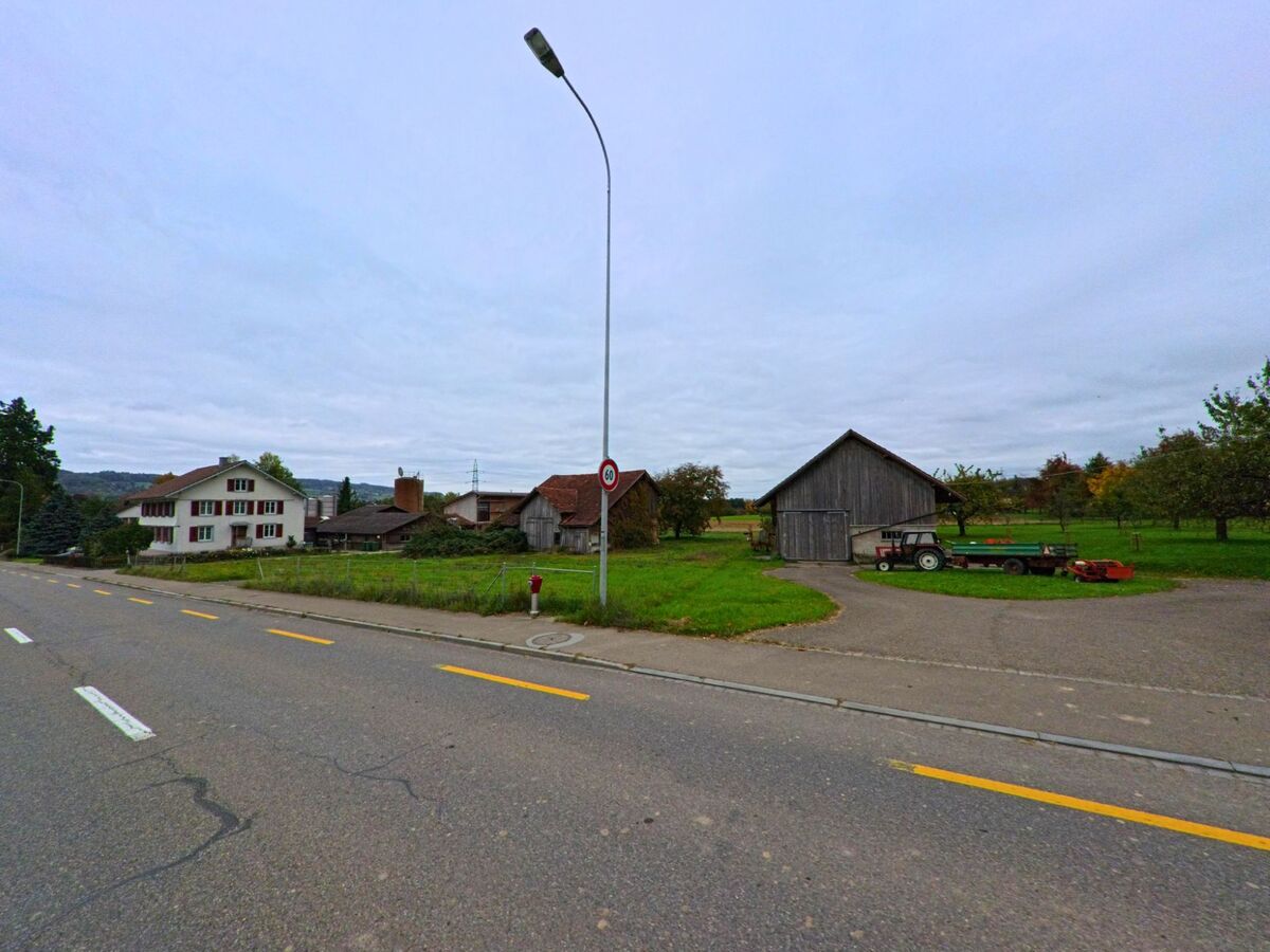 Entlang einer Hauptstrasse in Bussnang (9565, Kanton Thurgau) liegen Bauernhäuser und Scheunen am Rand von Wiesen, neben einem Hofplatz steht ein Traktor.