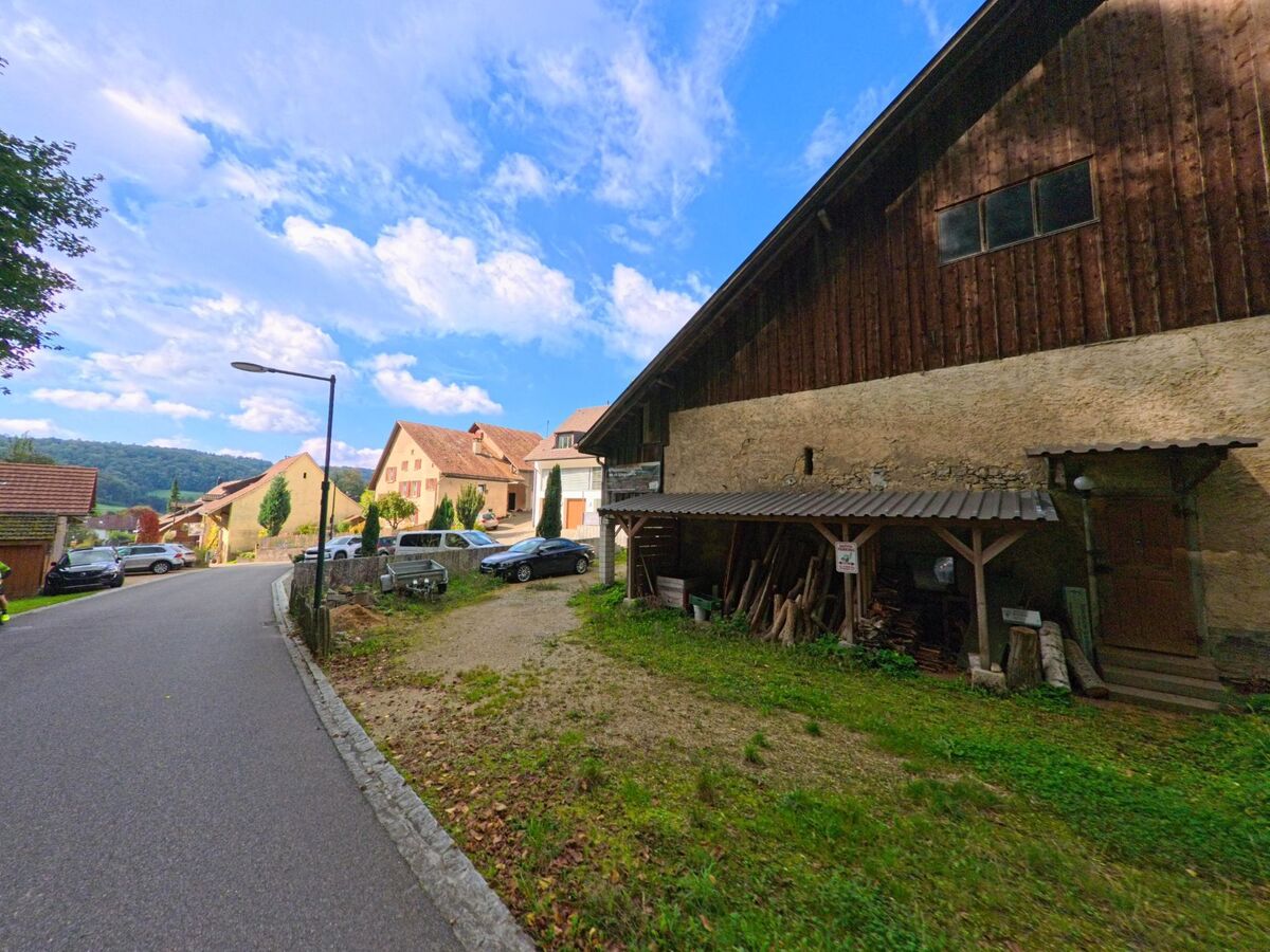 Entlang einer leicht ansteigenden Strasse in Buus (4463, Kanton Basel-Landschaft) liegen traditionelle Haeuser und eine grosse Scheune mit Holzlager.