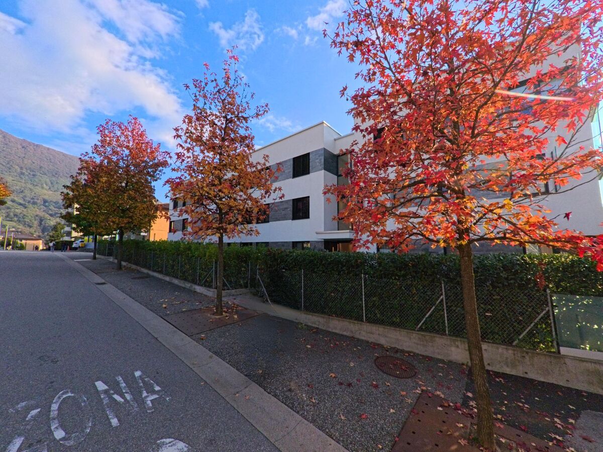 Eine ruhige Strasse mit herbstlich gefaerbten Baeumen fuehrt an einem modernen Wohngebaeude in Canobbio (6952, Kanton Tessin) entlang eines bepflanzten Zauns vorbei.