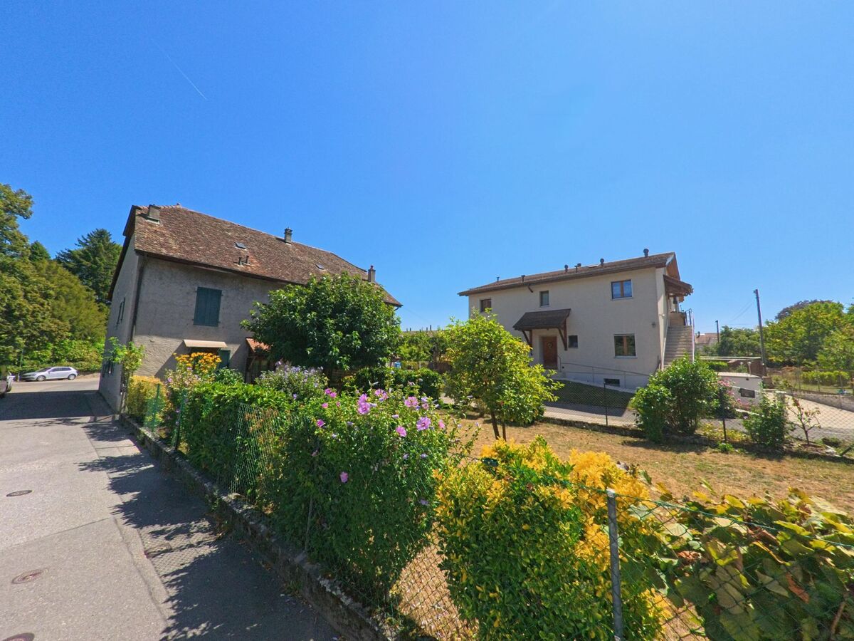 Zwei Wohnhäuser mit gepflegten Gärten und blühenden Sträuchern stehen an einer kleinen Strasse in Cartigny (1236, Kanton Genf).