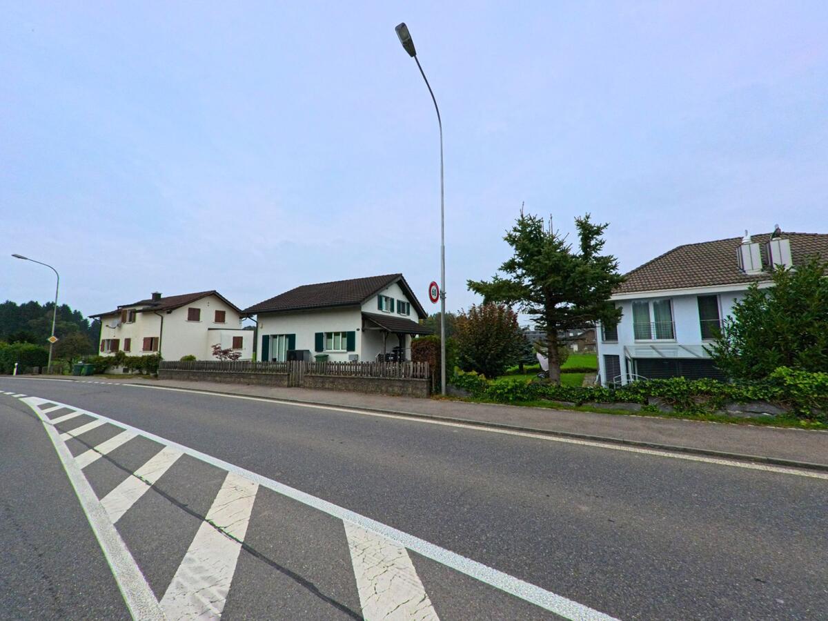 In Cham (6330, Kanton Zug) stehen mehrere Einfamilienhaeuser entlang einer leicht geschwungenen Strasse, umgeben von Gaerten und niedrigen Hecken.