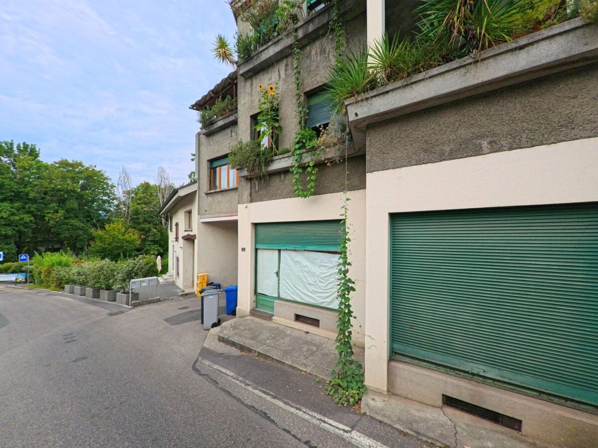 Entlang einer schmalen Strasse in Chambesy (1292, Kanton Genf) stehen Wohnhaeuser mit grünen Rolllaeden und bepflanzten Balkonen.