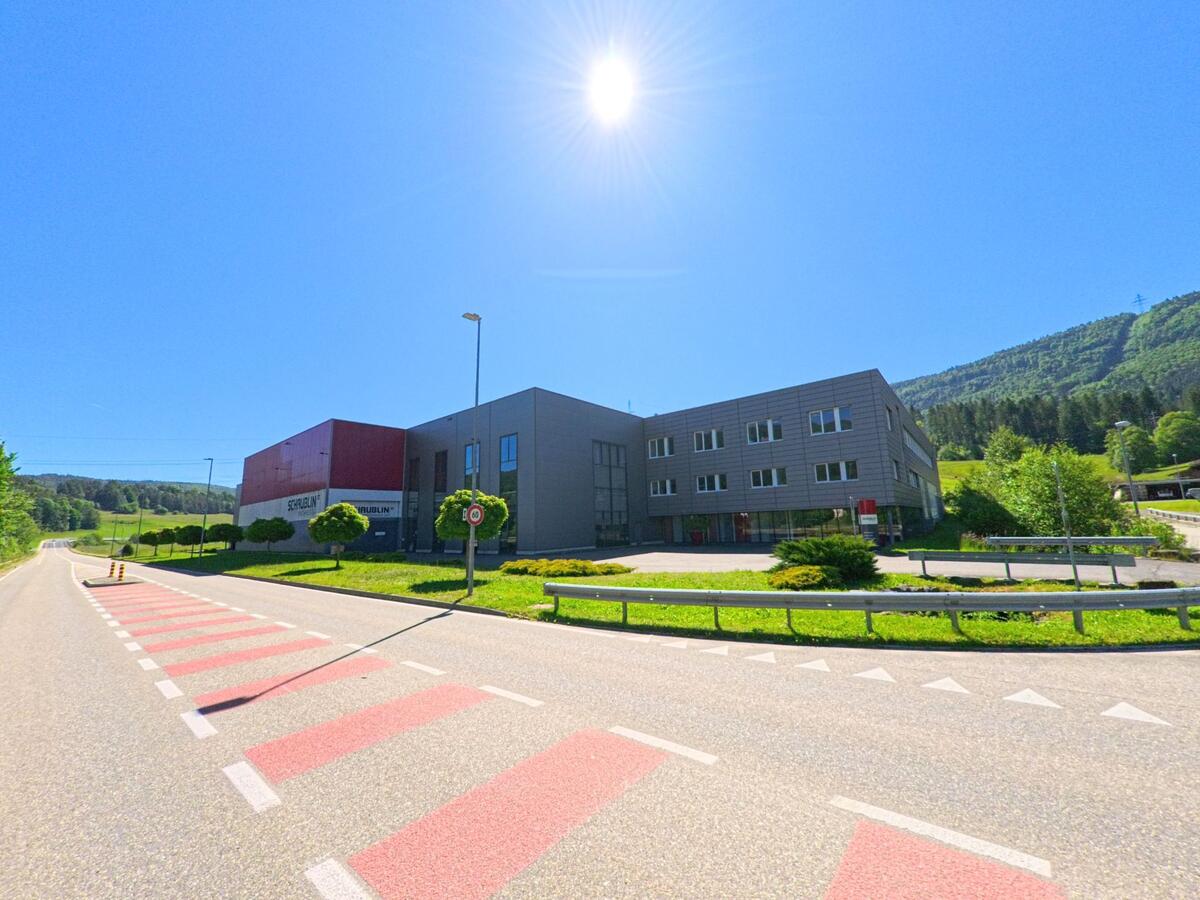 Vor den bewaldeten Haengen von Champoz (2735, Kanton Bern) steht ein modernes Industriegebaeude an einer gut ausgebauten Strasse mit markiertem Uebergang und weiten Gruenflaechen.