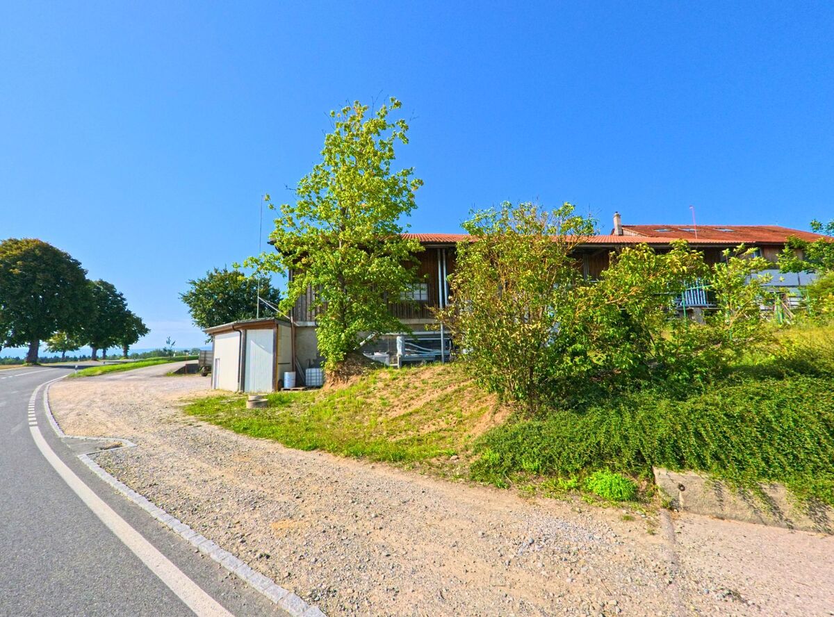 In Champtauroz (1537, Kanton Waadt) steht ein Bauernhaus mit Nebengebäude oberhalb einer leicht ansteigenden Strasse.