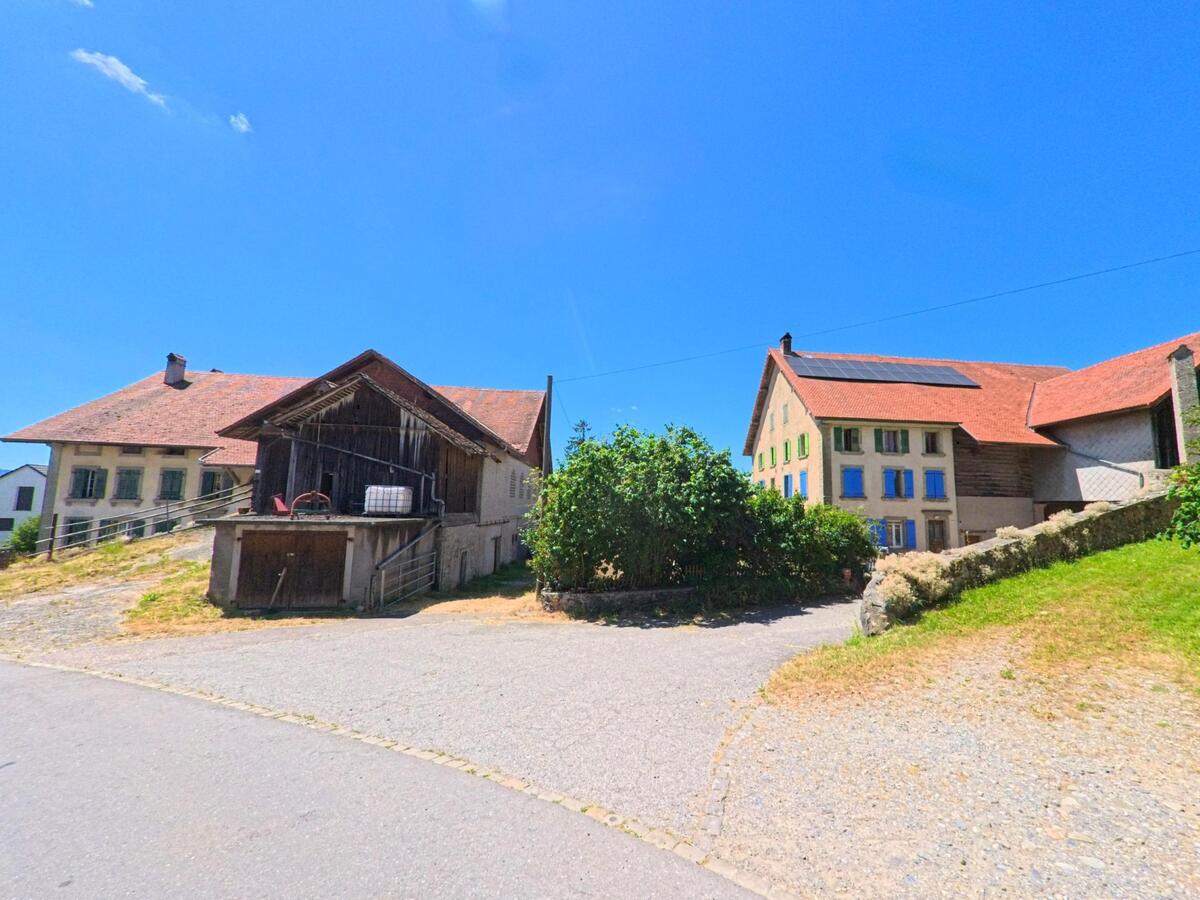 Mehrere Bauernhäuser mit roten Ziegeldächern und teils modernisierten Fassaden stehen in Chavannes-sur-Moudon (1512, Kanton Waadt) an einem kleinen Platz.