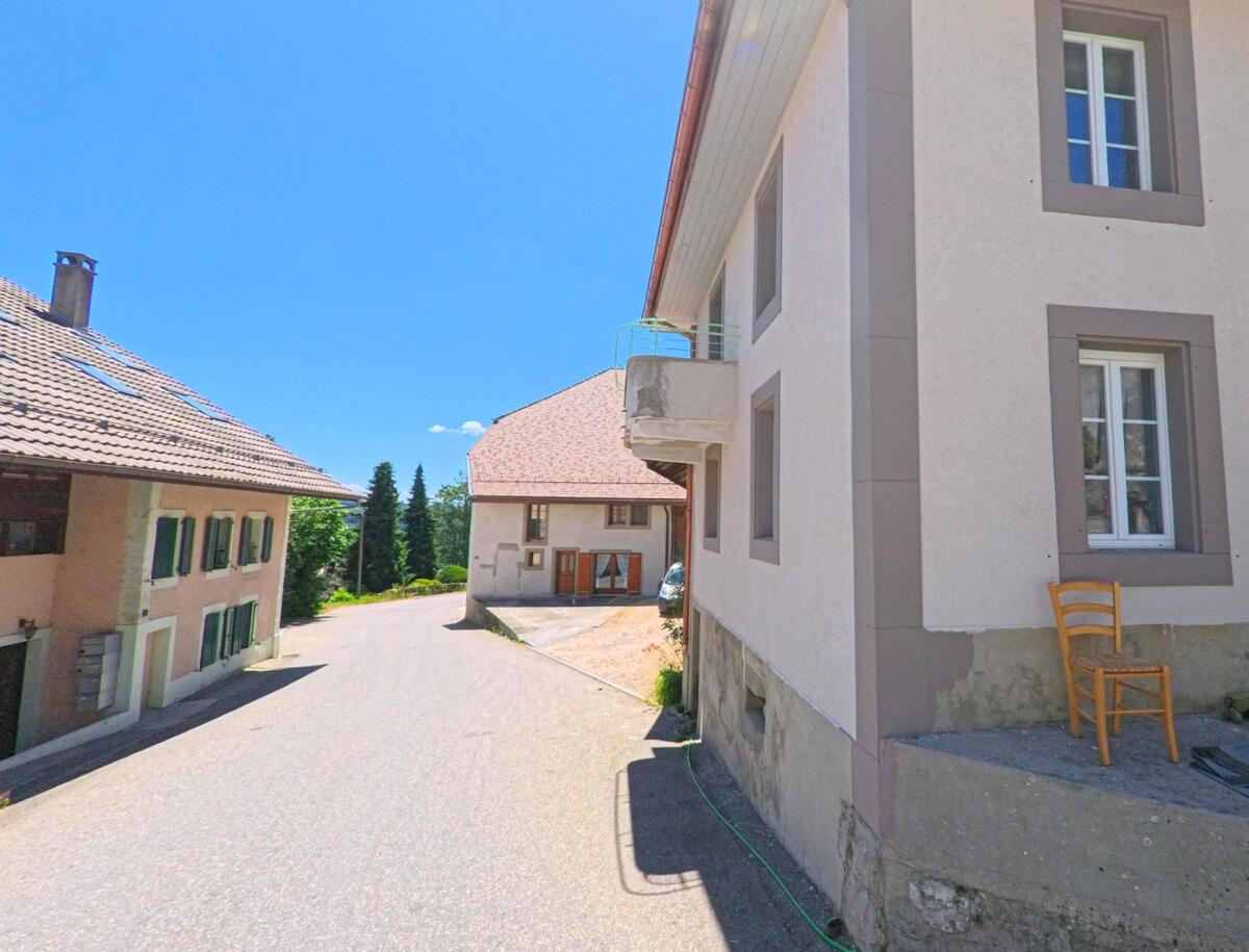 In Chavannes-sur-Moudon (1512, Kanton Waadt) verläuft eine ruhige Strasse an Wohnhäusern mit gepflegten Fassaden und einem schattigen Vorplatz vorbei.