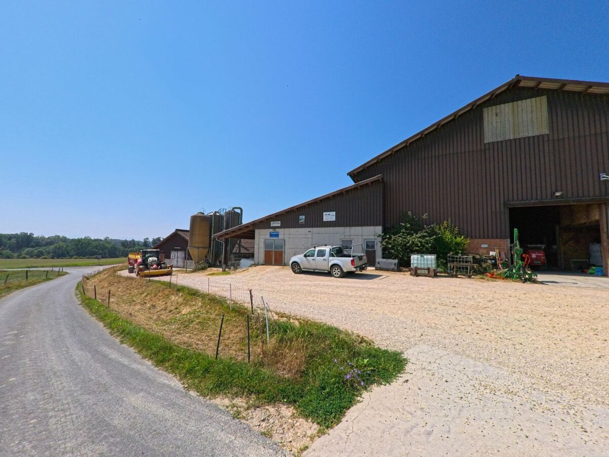 Am Rand von Chavannes-le-Veyron (1148, Kanton Waadt) liegt ein landwirtschaftlicher Betrieb mit grossen Scheunen, Silos und abgestellten Traktoren entlang einer schmalen Strasse.