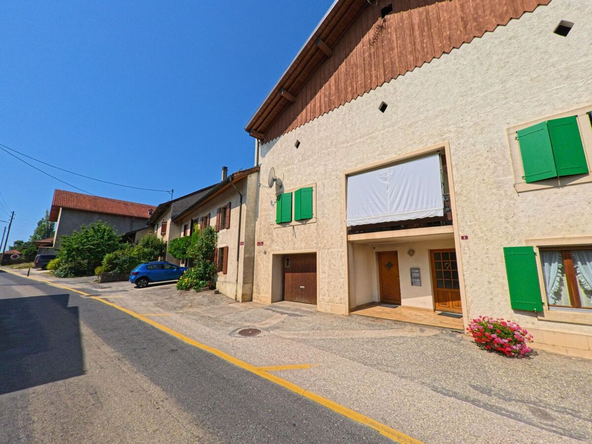 In Chavannes-le-Veyron (1148, Kanton Waadt) stehen entlang einer schmalen Strasse traditionelle Wohnhaeuser mit gruenen Fensterlaeden und kleinen Blumenkuebeln.
