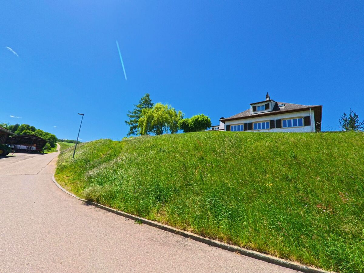 Ein einzelnes Haus mit Fensterläden steht in Courchavon (2922, Kanton Jura) erhöht auf einem begrünten Hügel über einer schmalen Strasse.