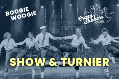 Die Crazy Shakers Zürich zeigen bei einer Bühnenshow in Zürich (8000, Kanton Zürich) eine gemeinsame Boogie-Woogie-Tanzformation.