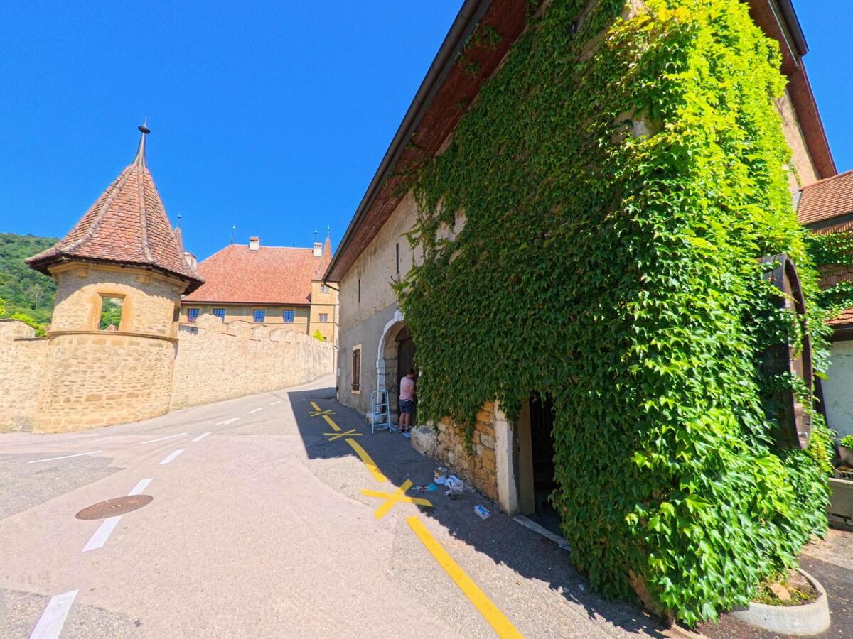 In Cressier (2088, Kanton Neuenburg) fuehrt eine Strasse am Schloss mit Rundturm und einer von Efeu bewachsenen Hausfassade vorbei.