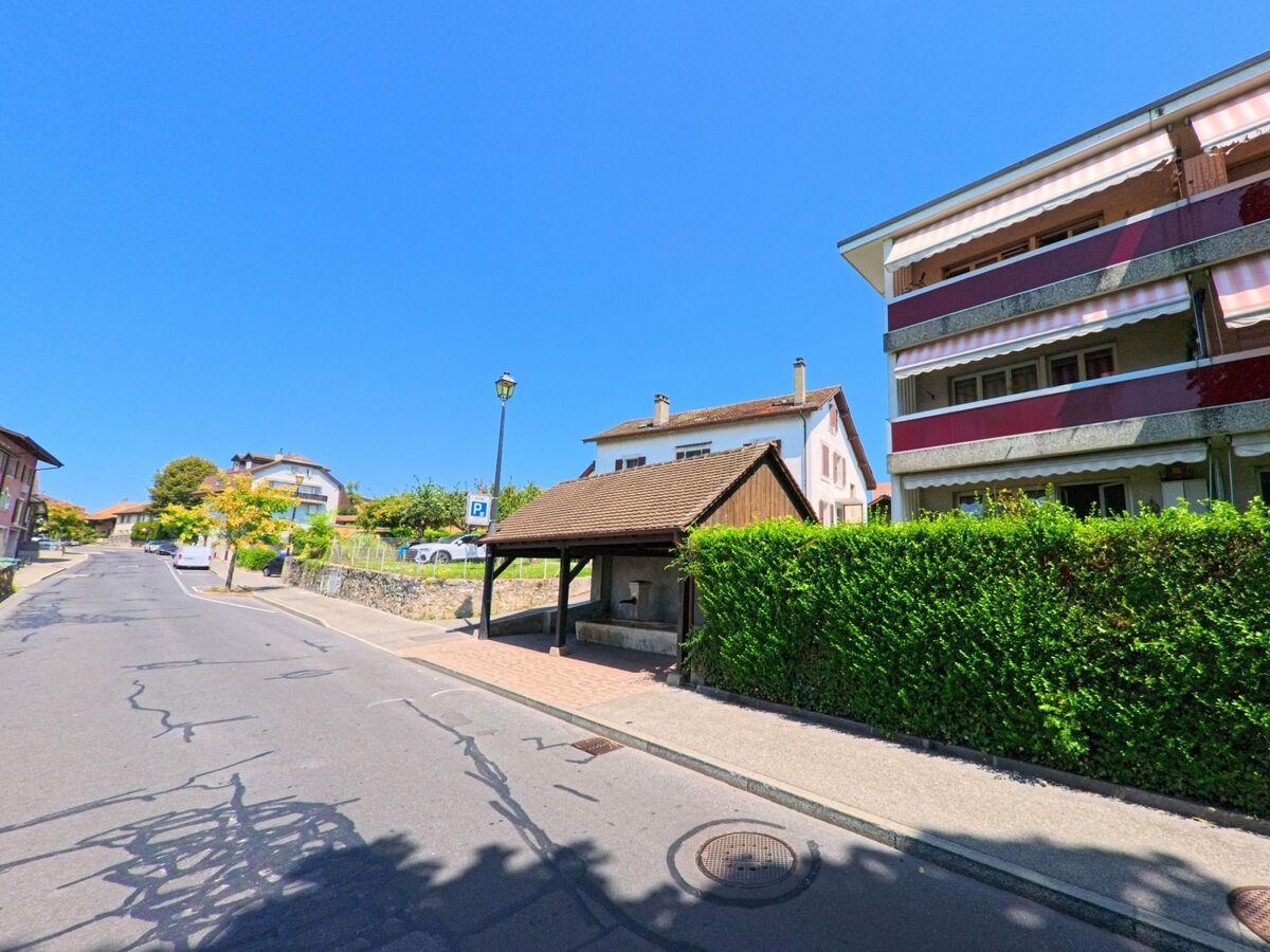 Eine schmale Strasse in Crissier (1023, Kanton Waadt) wird von Wohnhäusern und einem kleinen überdachten Brunnen am Strassenrand gesäumt. Im Hintergrund steigt die Strasse leicht an und führt vorbei an gepflegten Gärten.