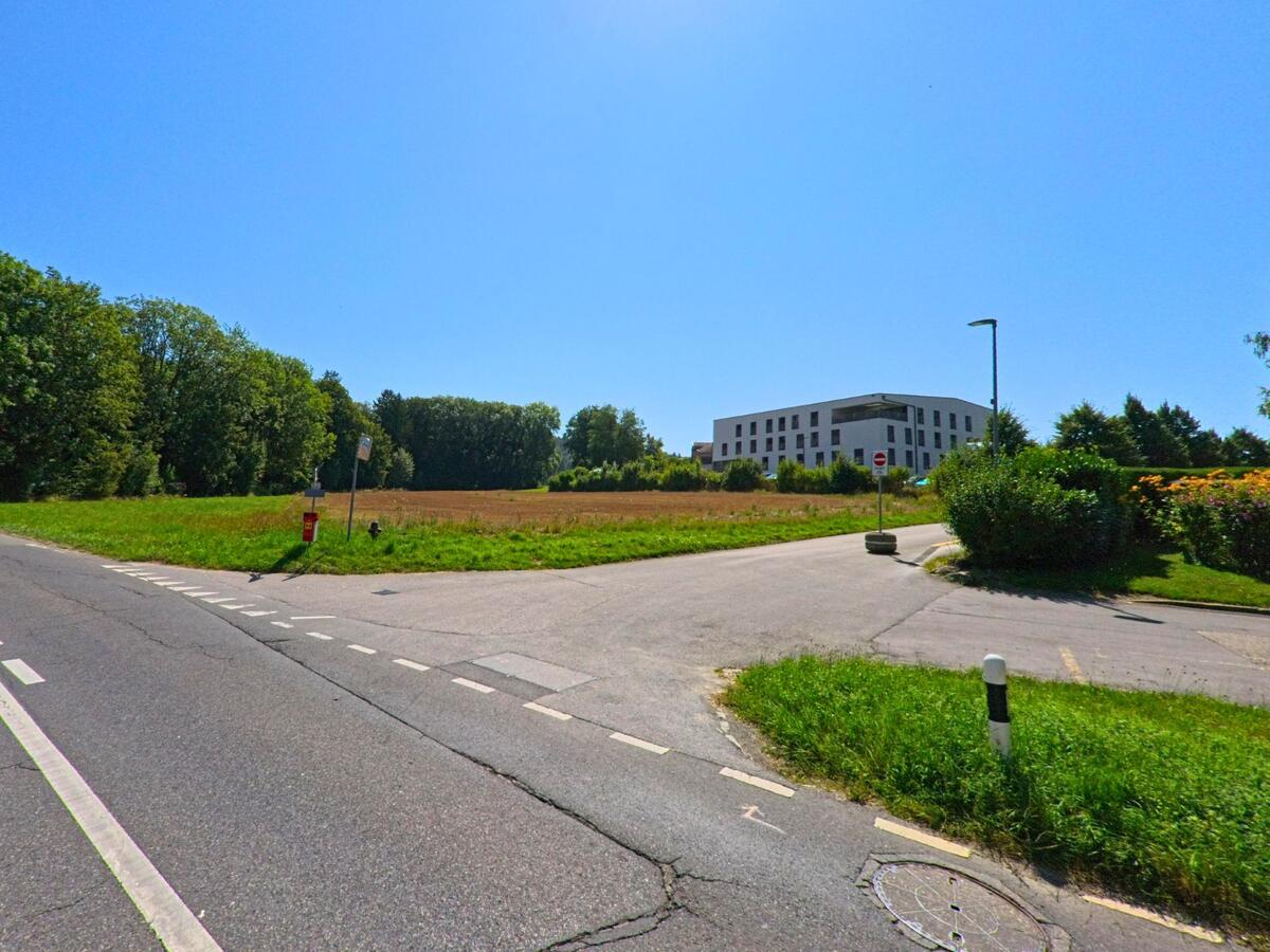 Am Ortsrand von Cugy (1053, Kanton Waadt) fuehrt eine Strasse an Feldern vorbei zu einem modernen Gebaeude, das sich vom gruenden Umfeld abhebt.