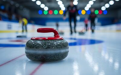 Curlingstein auf dem Eisfeld mit Spielern im Hintergrund beim Training oder Wettkampf des Curling Club Konolfingen in Konolfingen (3510, Kanton Bern).