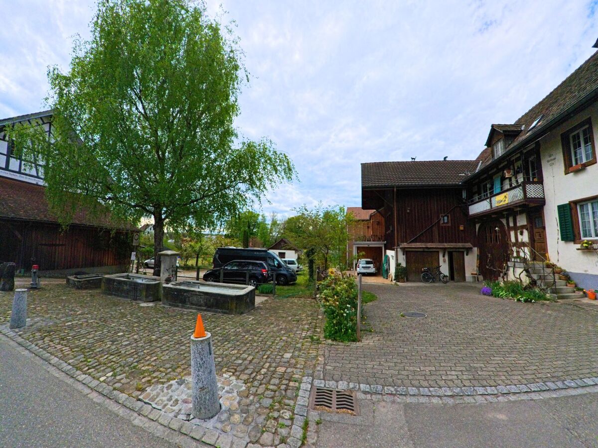 Ein von Bäumen gesäumter Platz mit Brunnen und alten Bauernhäusern liegt im Zentrum von Dachsen im PLZ-Gebiet 8447 im Kanton Zürich.