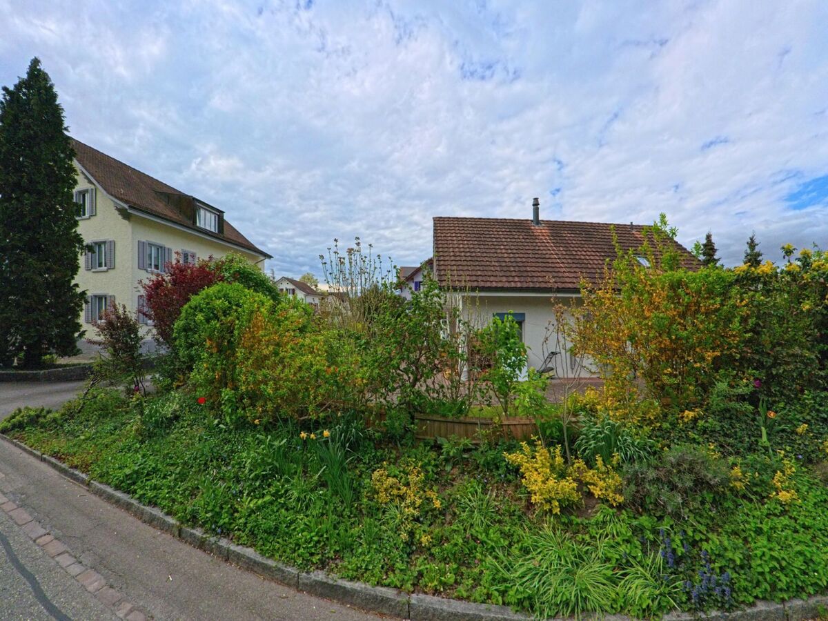 In Dachsen im Kanton Zürich mit der Postleitzahl 8447 umrahmt eine bunt bepflanzte Verkehrsinsel mehrere Wohnhäuser mit traditionellem Charakter.