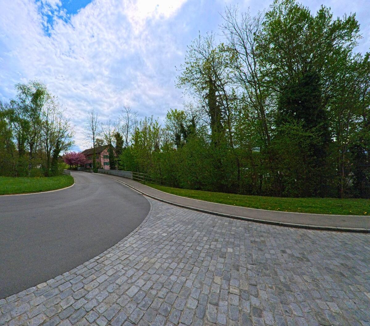 Am Waldrand von Dachsen im PLZ-Gebiet 8447 im Kanton Zürich führt eine sanft geschwungene Strasse an einem Gehweg entlang in Richtung eines rosa Gebäudes.