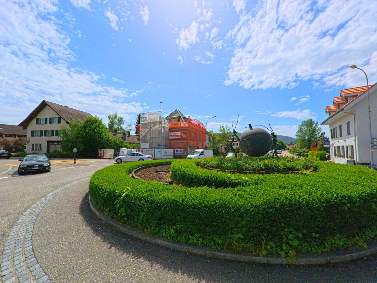  In einem Kreisverkehr in Däniken (4658, Kanton Solothurn) steht eine auffällige Skulptur mit Ameisen auf einer Kugel, umgeben von dichter Heckenbepflanzung.