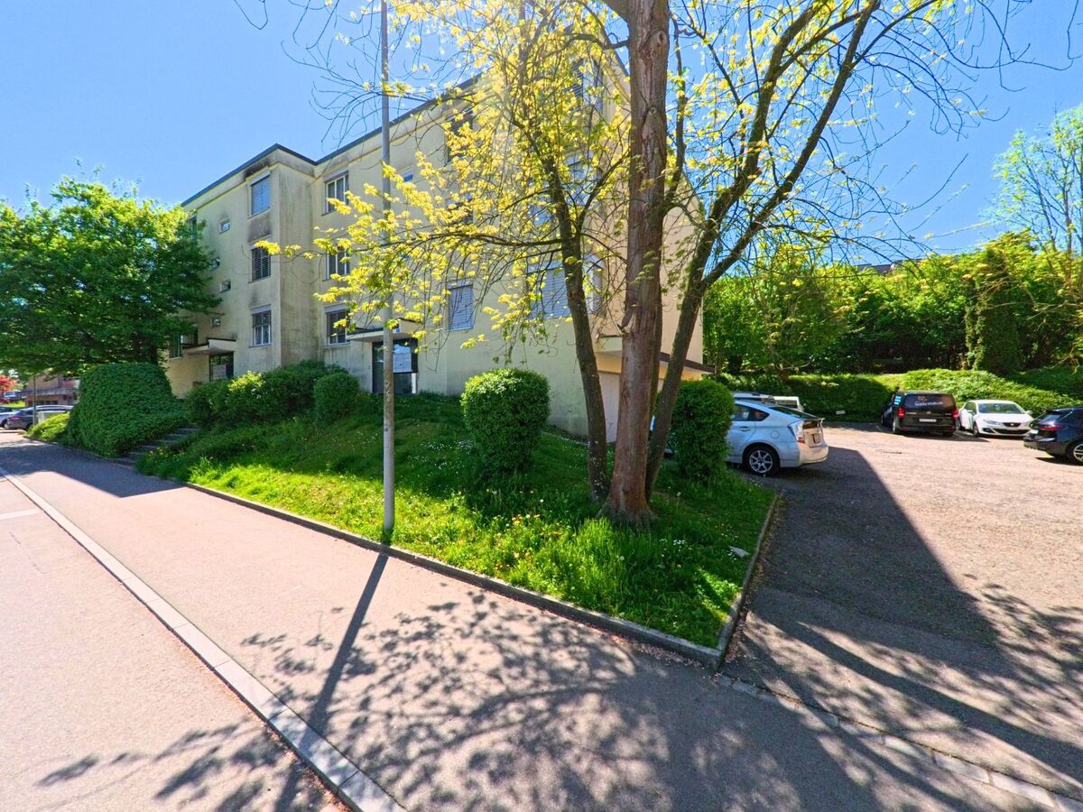 Ein älteres Wohngebäude mit angrenzendem Parkplatz und grüner Umgebung befindet sich in Dänikon im Kanton Zürich, PLZ 8114, unweit eines von Bäumen gesäumten Gehwegs.