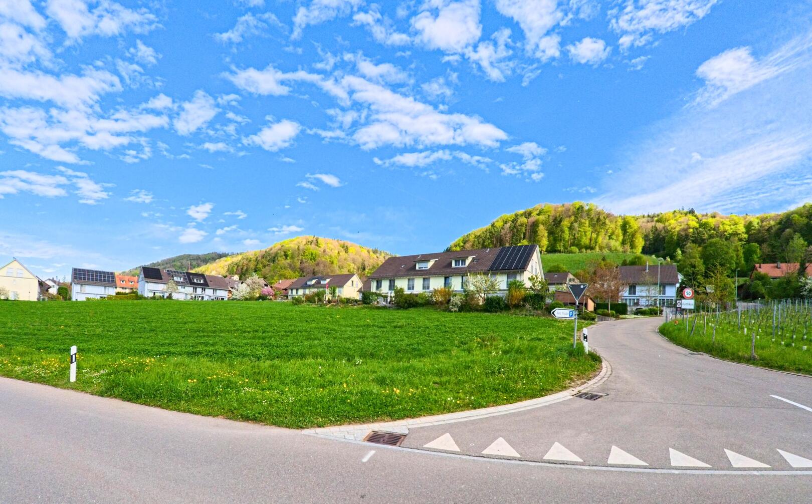 In der Gemeinde Dättlikon im Kanton Zürich, PLZ 8421, beginnt eine kleine Strasse zwischen Einfamilienhäusern, Wiesen und Reben mit Blick auf bewaldete Hügel.