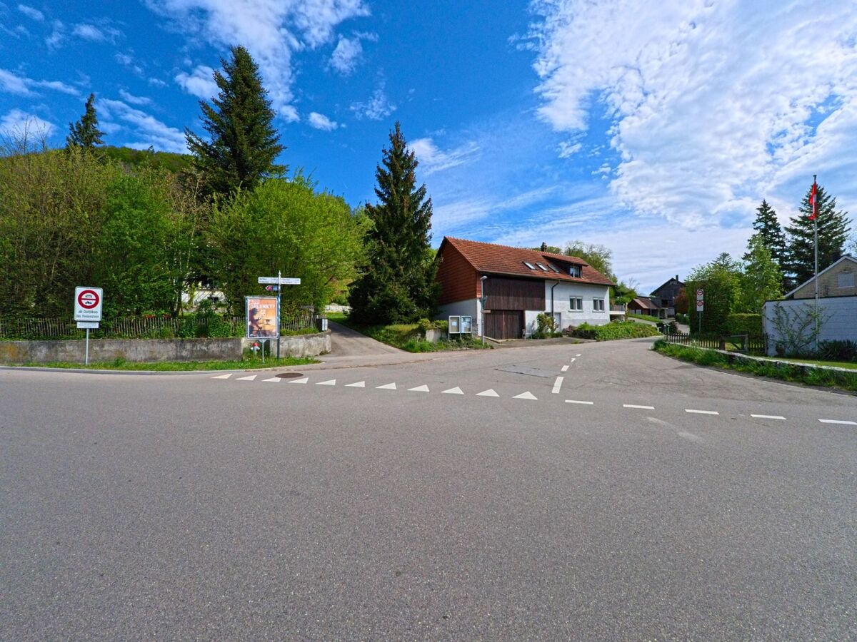 Am Ortsrand von Dättlikon im Kanton Zürich, PLZ 8421, trifft eine Hauptstrasse auf zwei Nebenwege, flankiert von Wohnhäusern und dichter Begrünung.