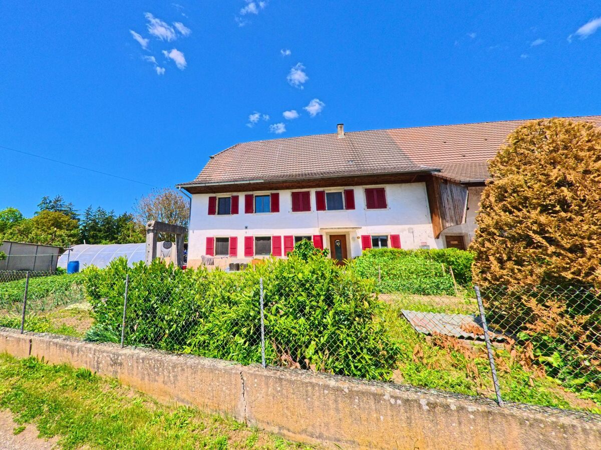 In Damphreux (PLZ 2933, Kanton Jura) steht ein ländliches Wohnhaus mit roten Fensterlaeden und grossem Nutzgarten hinter einem Maschendrahtzaun.