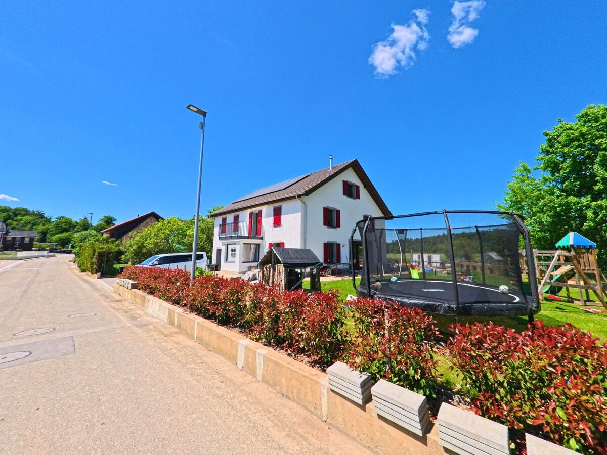 In Damphreux (PLZ 2933, Kanton Jura) steht ein Wohnhaus mit roten Fensterlaeden und vorgelagertem Spielbereich mit Trampolin und Spielturm an einer ruhigen Quartierstrasse.
