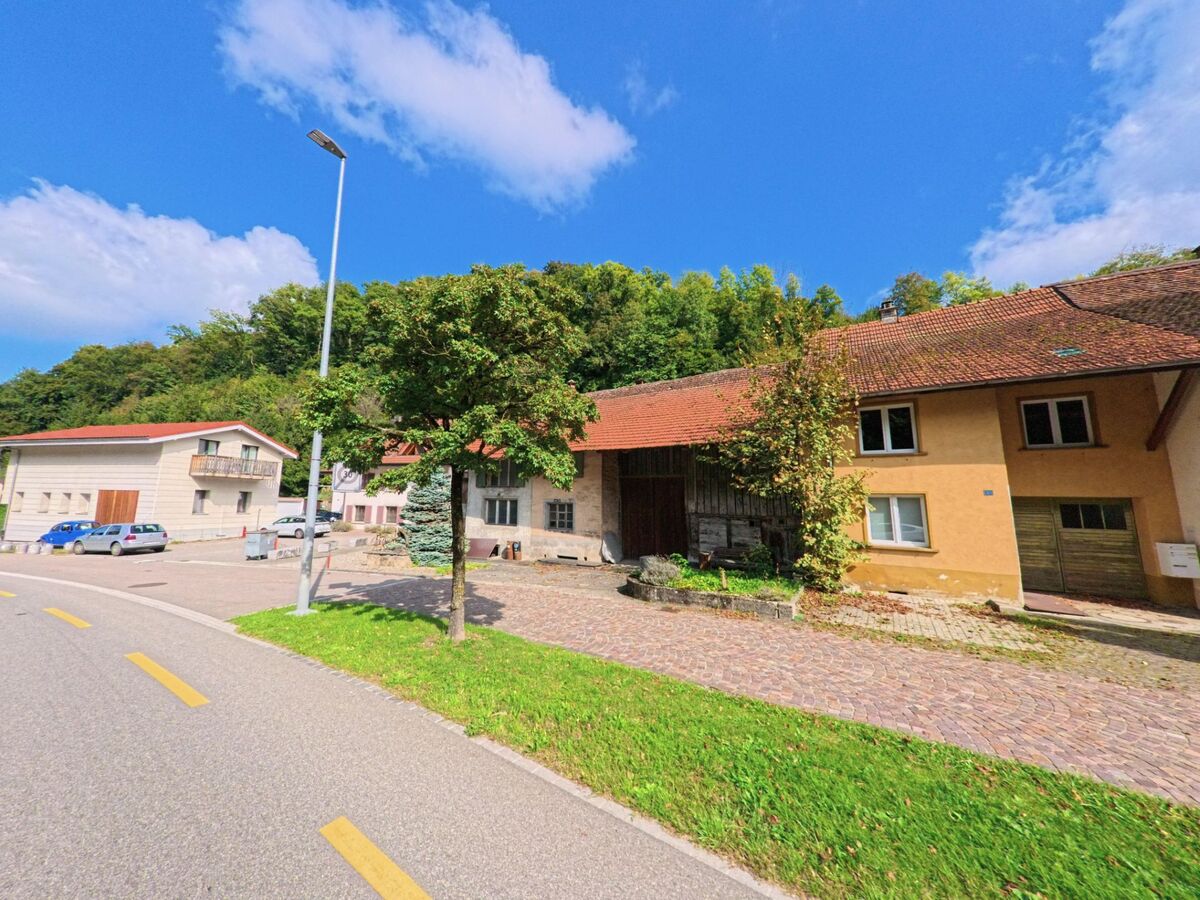 Im Ortszentrum von Densbüren (5026, Kanton Aargau) stehen gepflegte Wohn- und Bauernhäuser mit roten Dächern entlang einer leicht geschwungenen Strasse.