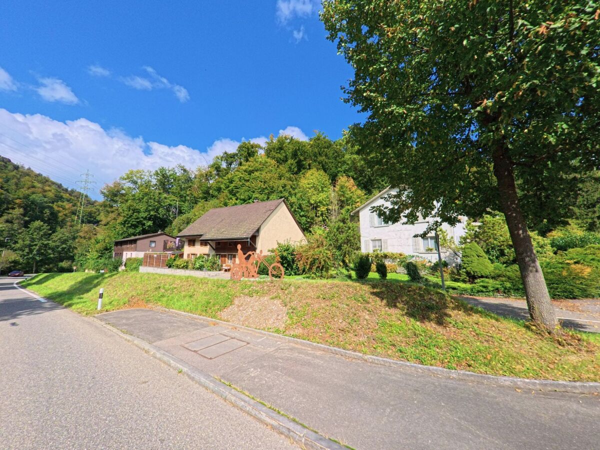 Am Waldrand von Densbüren (5026, Kanton Aargau) liegen Einfamilienhäuser mit gepflegten Gärten und einer dekorativen Skulptur am Strassenrand.