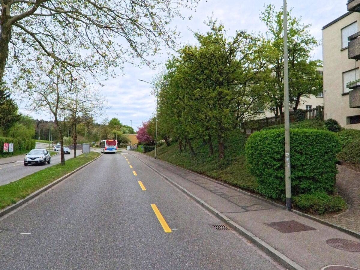 In Dielsdorf im Kanton Zürich, PLZ 8157, verläuft eine mehrspurige Strasse mit Mittelinsel und Busverkehr entlang einer Wohnsiedlung mit Bäumen.