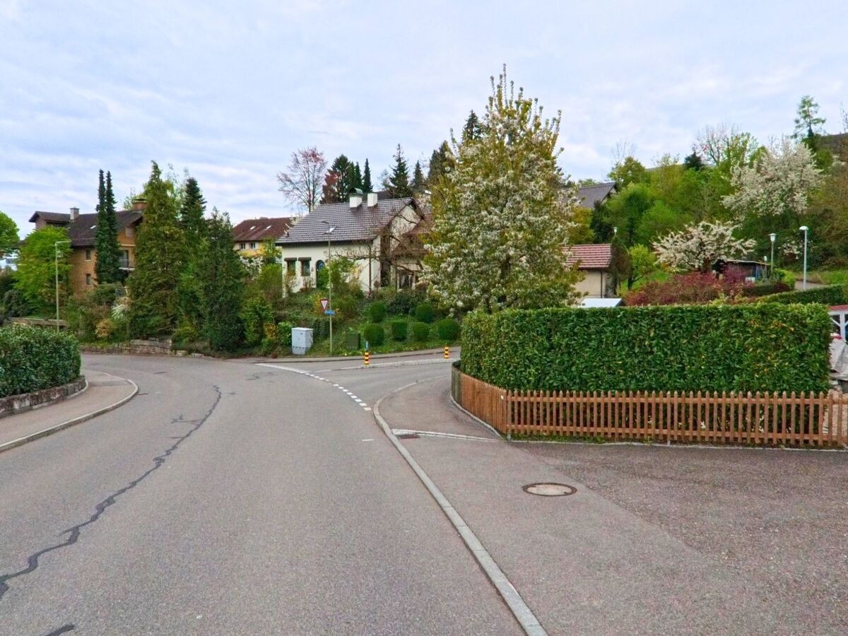 In Dielsdorf im Kanton Zürich (PLZ 8157) zweigt eine Wohnstrasse in ein ruhiges Viertel mit Einfamilienhäusern und blühenden Bäumen ab.