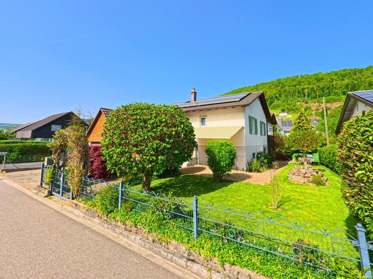 In Diepflingen (4442, Kanton Baselland) steht ein Einfamilienhaus mit gepflegtem Garten, umgeben von geschnittenen Straeuchern und Solarzellen auf den Daechern der Nachbarschaft.