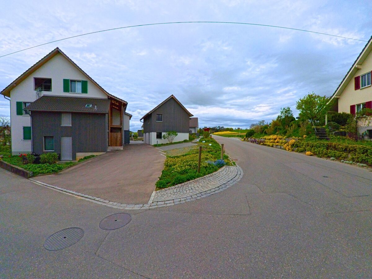 In einem Wohnquartier von Dinhard im Kanton Zürich, PLZ 8474, säumen moderne Einfamilienhäuser mit gepflegten Gärten eine ruhig gelegene Strasse.