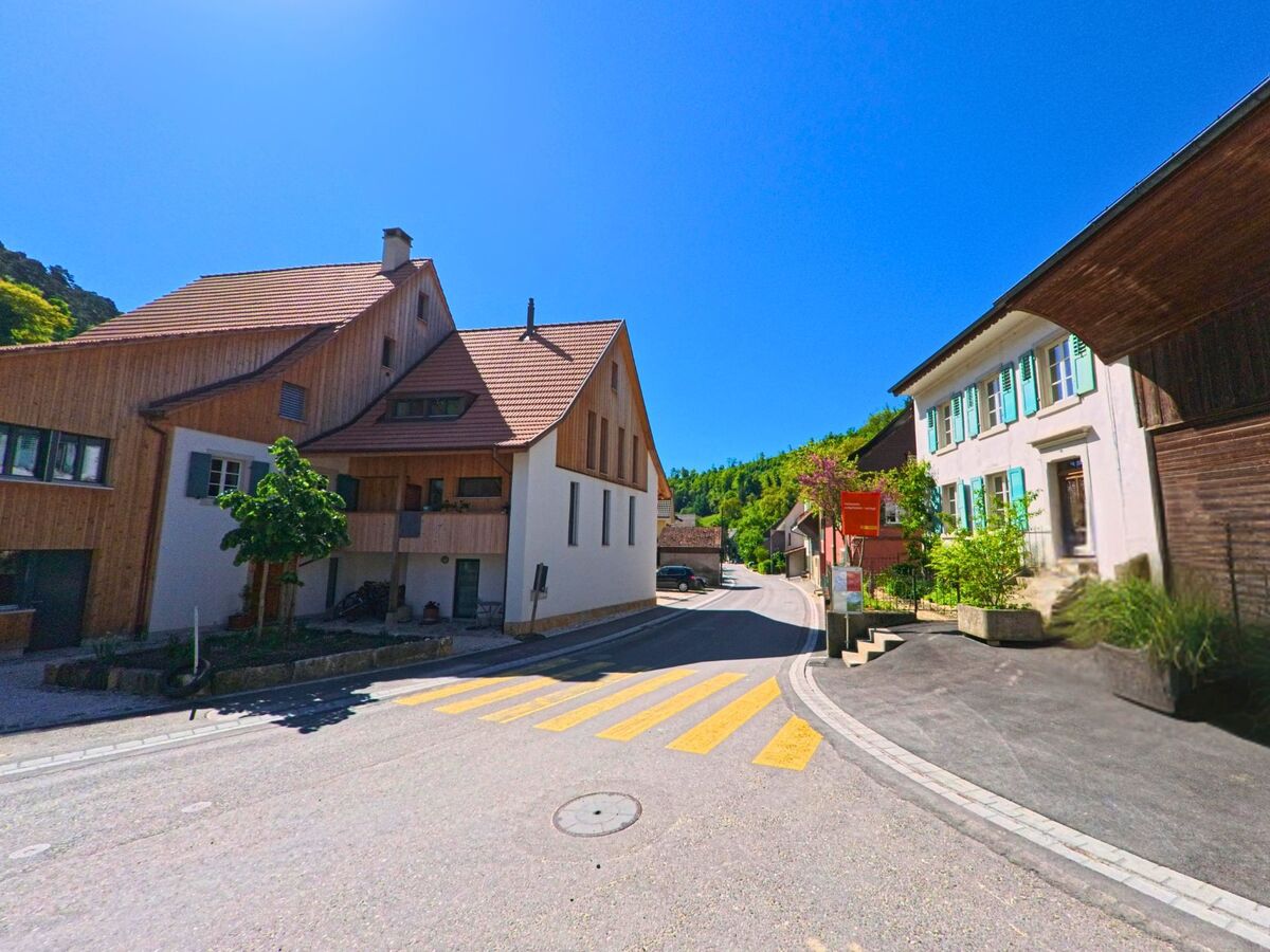 In Dittingen (4243, Kanton Baselland) markiert ein Zebrastreifen den Uebergang zwischen traditionellen und modernen Wohnhaeusern entlang einer sanft ansteigenden Strasse.