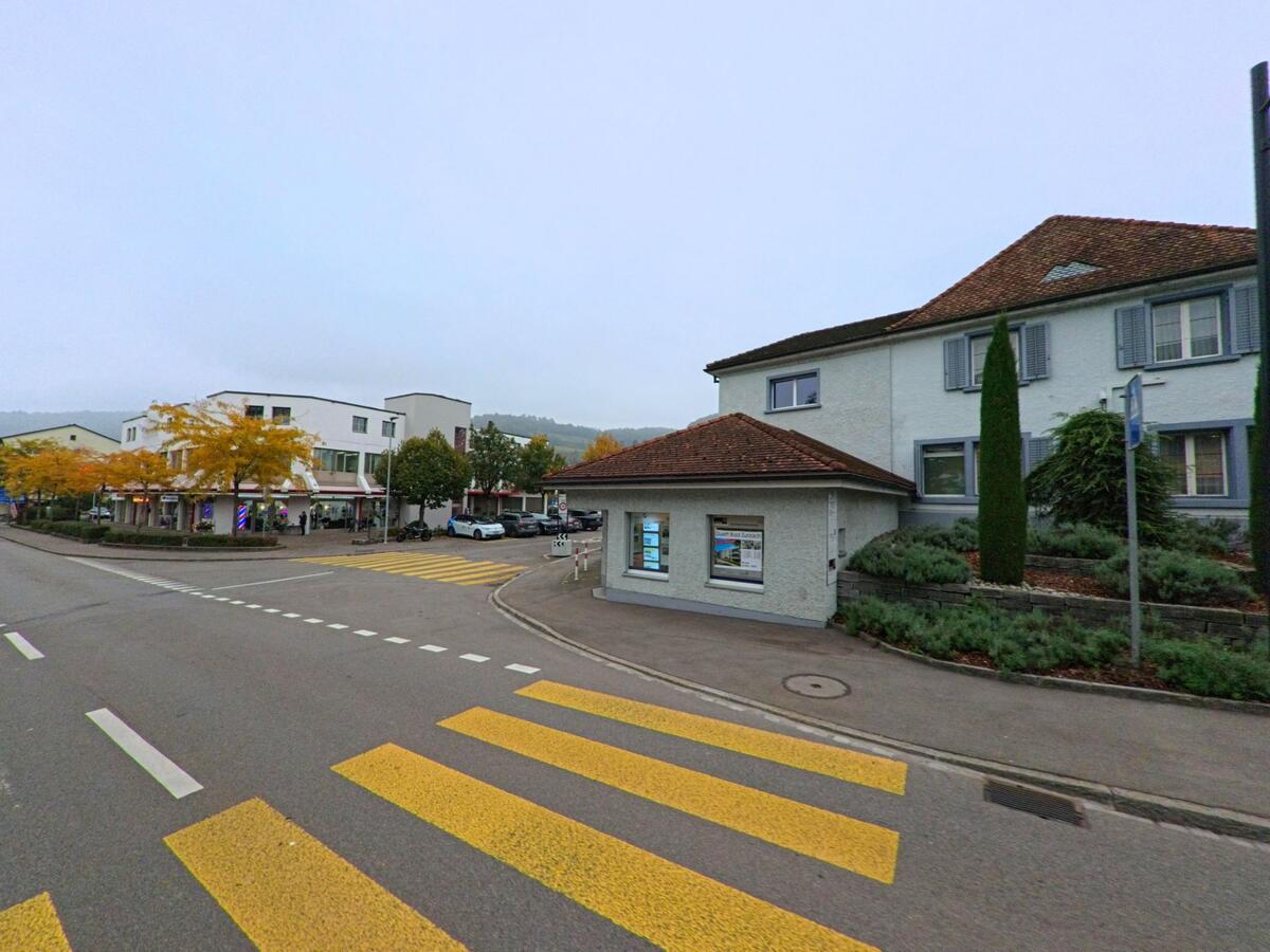 An einer Kreuzung in Döttingen (5312, Kanton Aargau) stehen gepflegte Wohn- und Geschäftshäuser mit herbstlich gefärbten Bäumen und einem markierten Fussgängerstreifen.